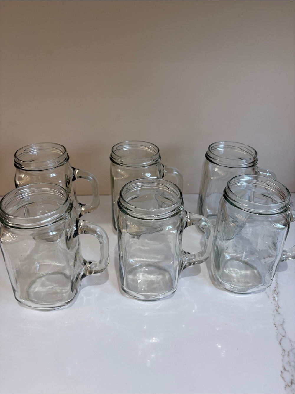 Mason-style Drinking Mugs with Handles Clear Glass - Set of 6- Lids included